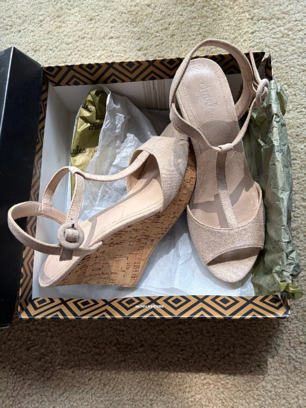 Charles by Charles David Latin Cork Wedge T-Strap Sandal in Nude Suede - With Bo